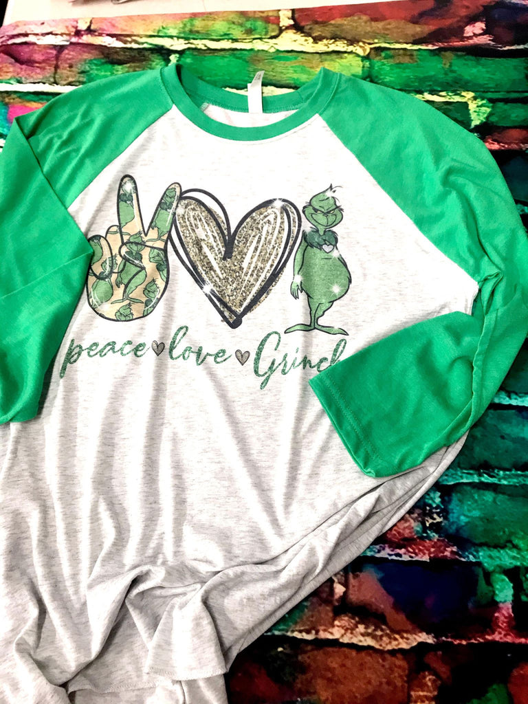 Peace Love Grinch Christmas 3/4 Sleeve Raglan Shirt