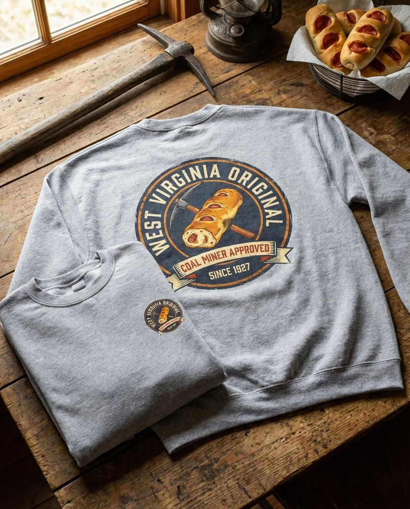 West Virginia Original Pepperoni Roll & Coal Miner Vintage Graphic Tee & Crewneck