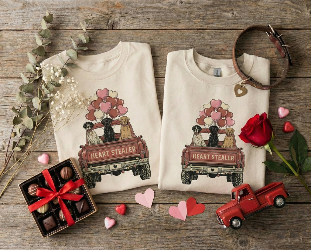 "Heart Stealer" Vintage Truck & Dogs Valentine’s Day Collection | Tee & Crewneck
