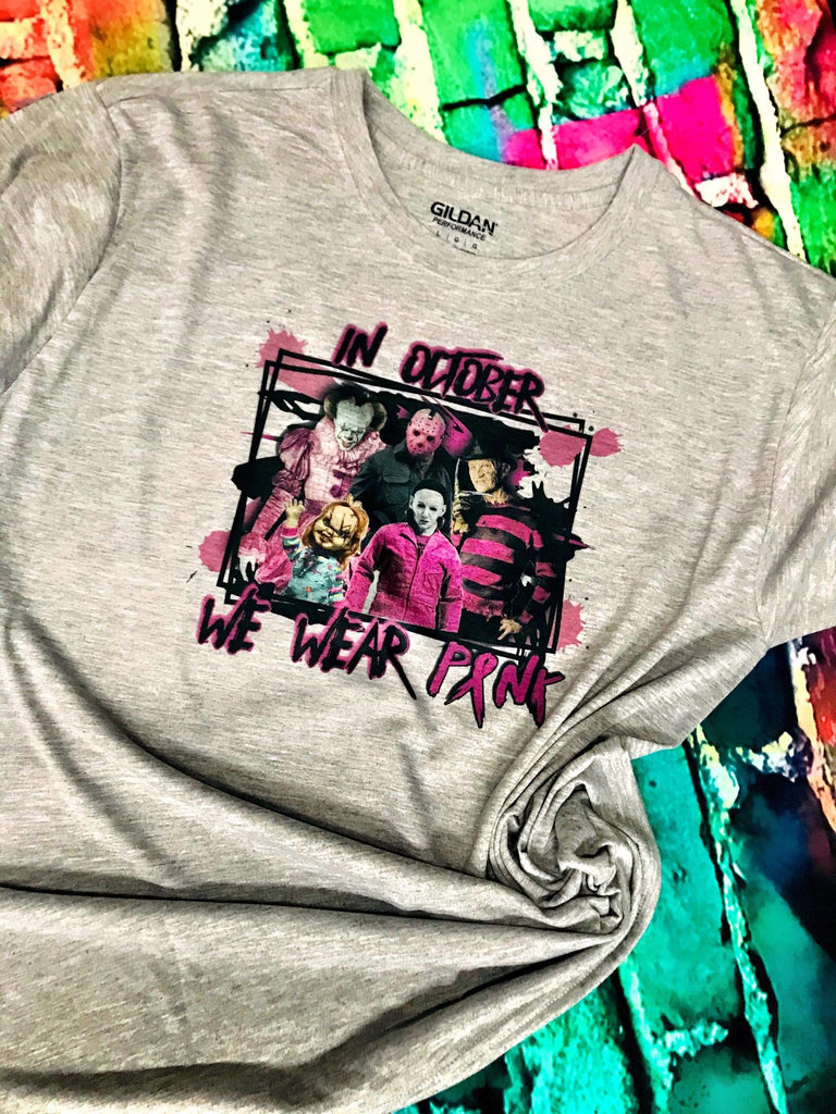 In October We Wear Pink - Horror Movie Breast Cancer T-Shirt