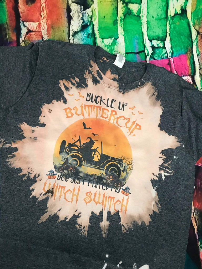 Back Up Buttercup Jeep Halloween Witch Bleached T-Shirt
