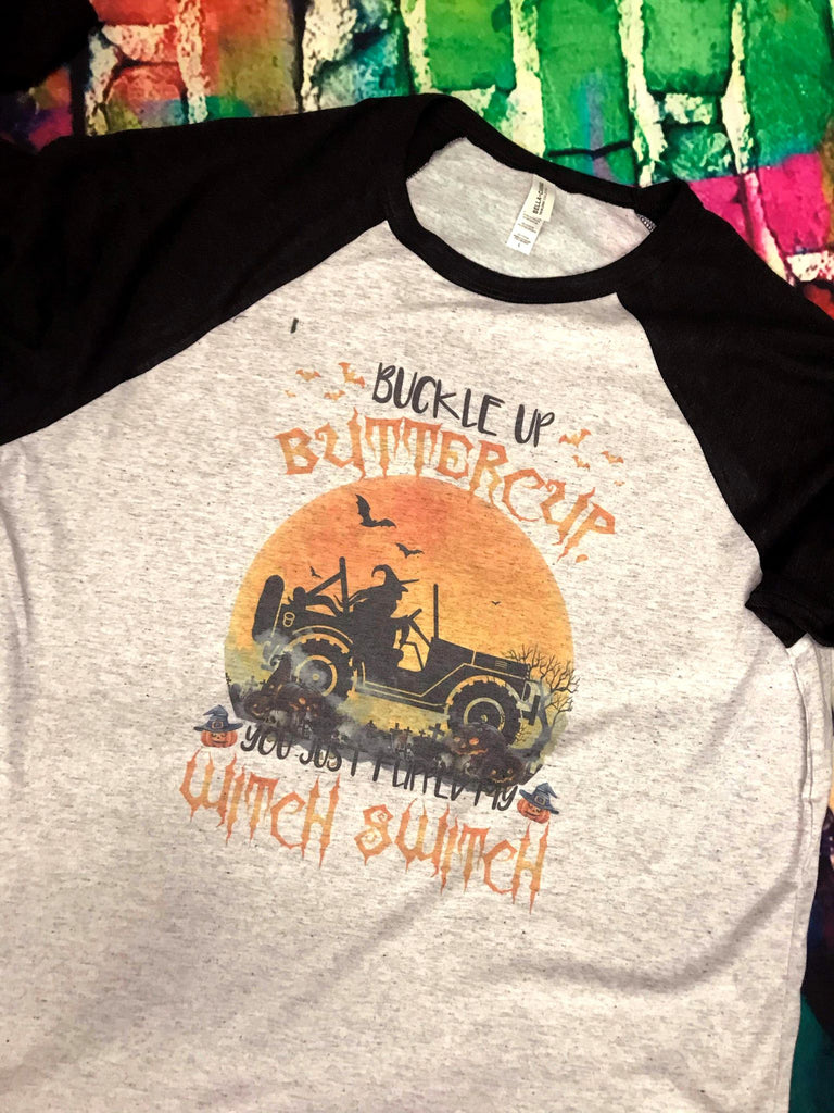 Back Up Buttercup Jeep Halloween Witch 3/4 Sleeve Baseball T-Shirt Raglan