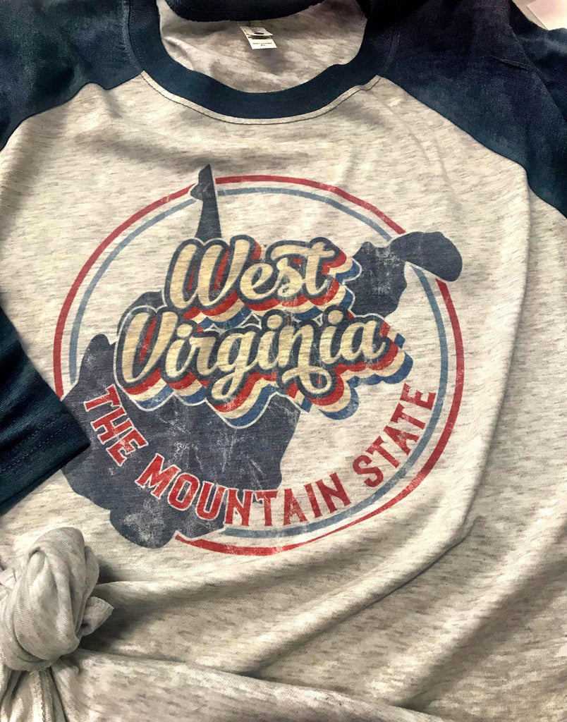 West Virginia The Mountain State Retro Raglan 3/4 Sleeve Shirt