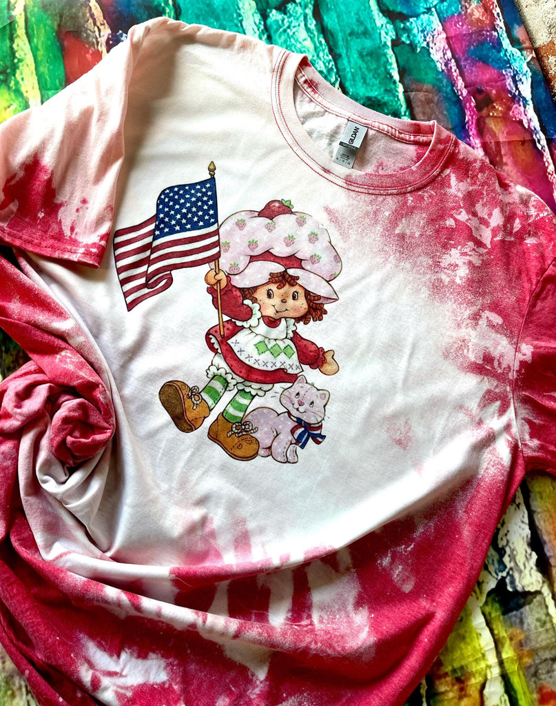 Strawberry American Flag Retro Bleach Dye T-Shirt
