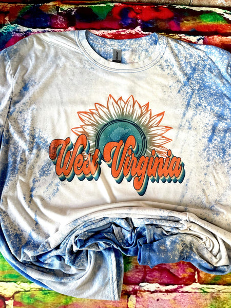 West Virginia Sunflower Retro Bleach Dye T-Shirt - Blue