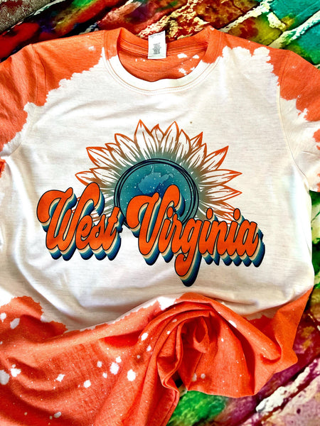 West Virginia Sunflower Retro Bleach Dye T-Shirt - Orange